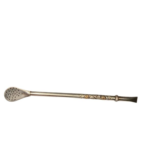 Vintage Bombilla Yerba Mate Straw 800 Silver Gold Gilt Accents Scroll Design 8" - Picture 1 of 14